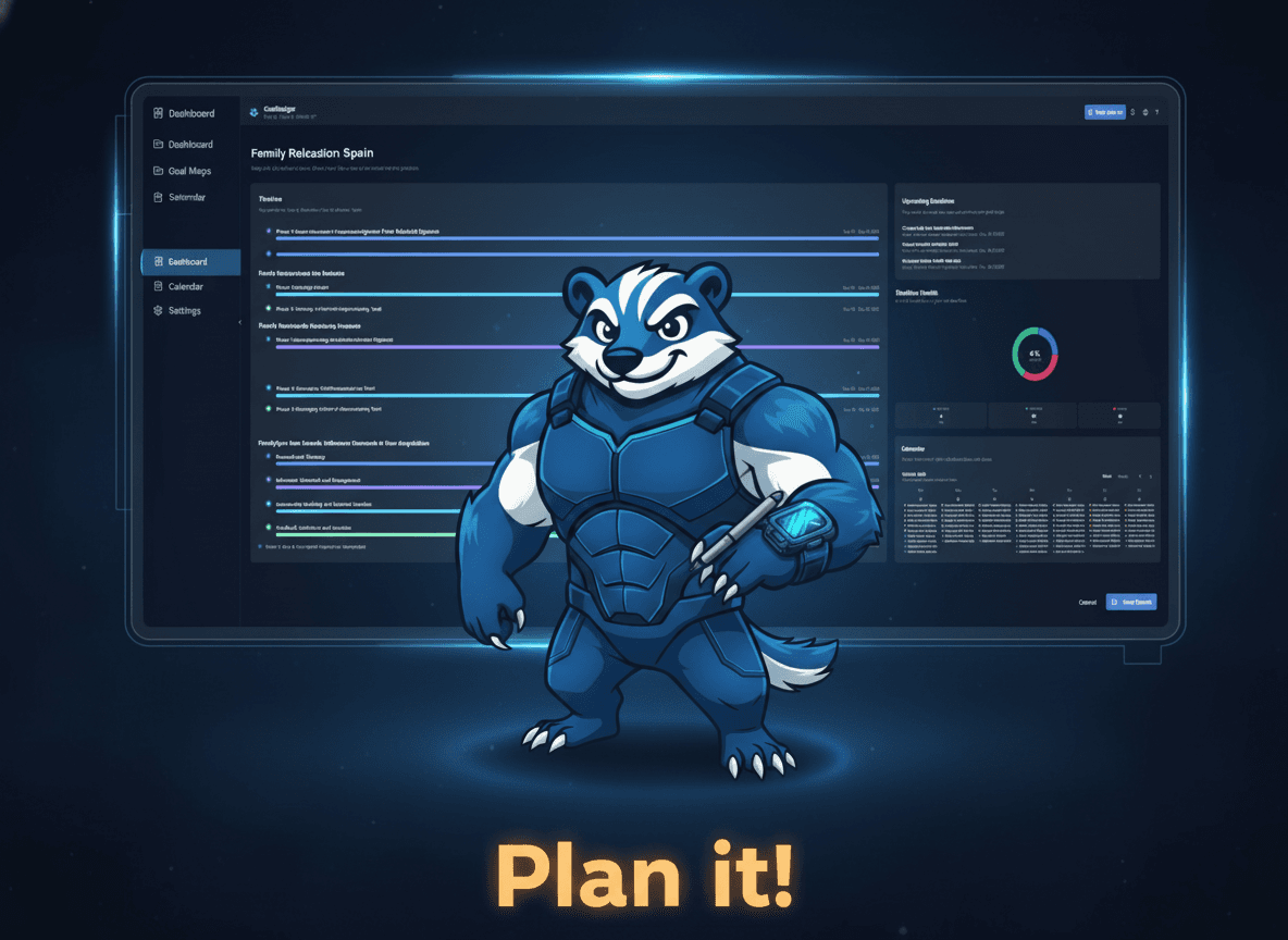 The Goalbadger mascot in front of the application dashboard, with the text 'Plan it!'
